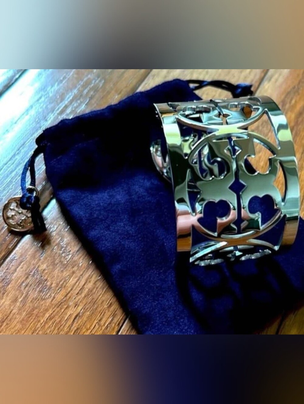 Tory Burch Polished Silver Logo Cutout Wide Cuff Bracelet